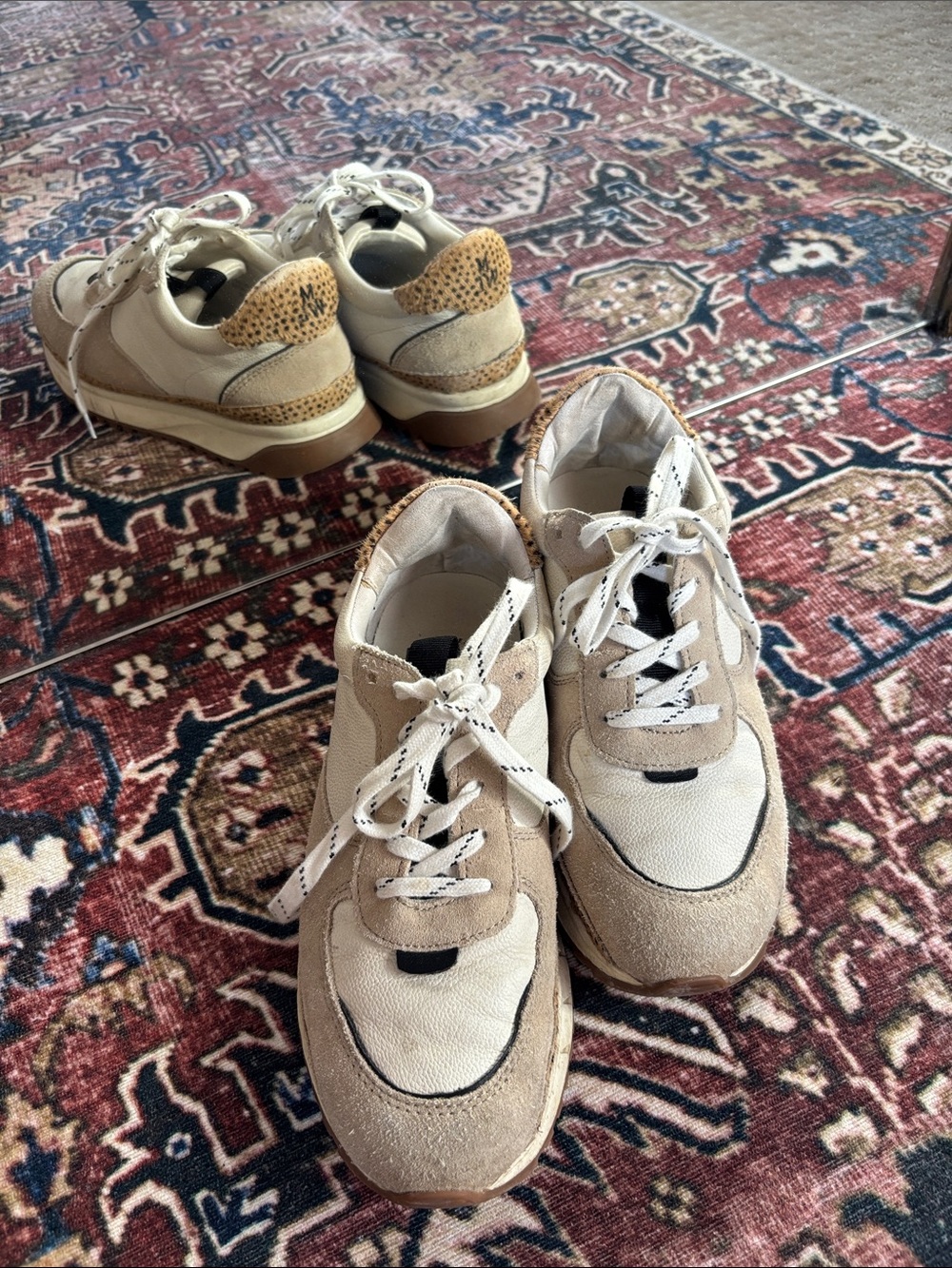MWL Suede & Leather Casual Sneakers with Leopard Dot Heel - Neutral Tone